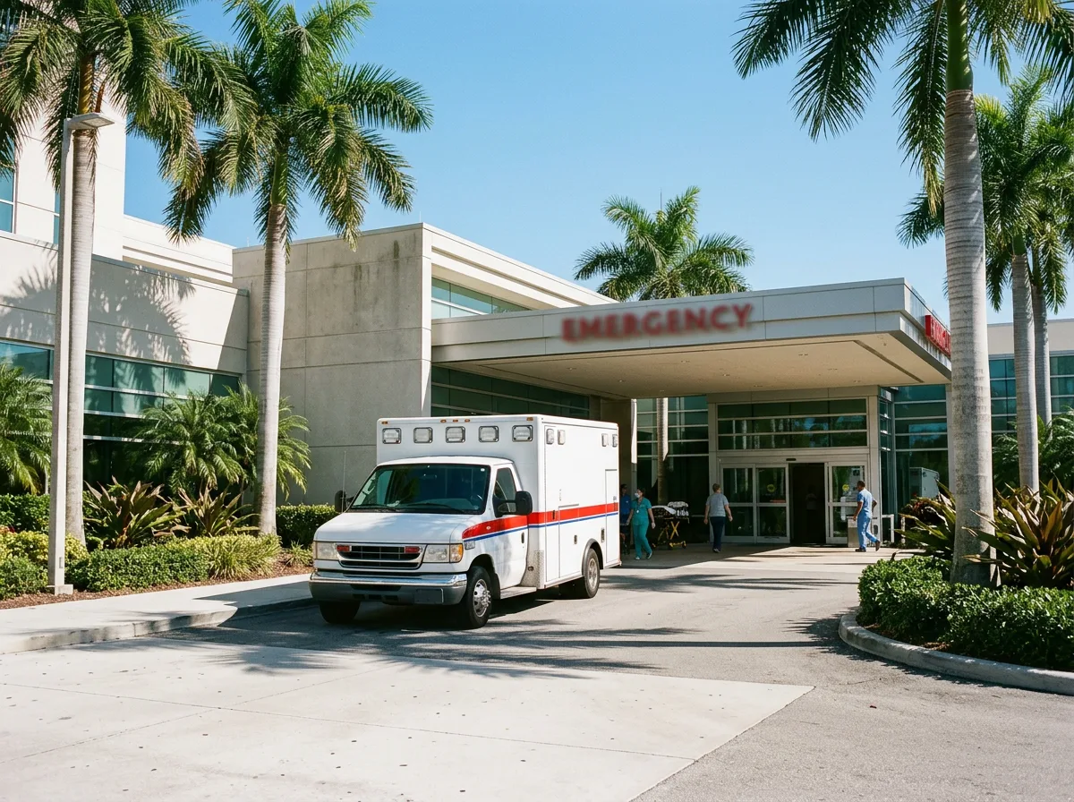 Ambulance outside a Florida hospital emergency entrance illustrating emergency transport coverage