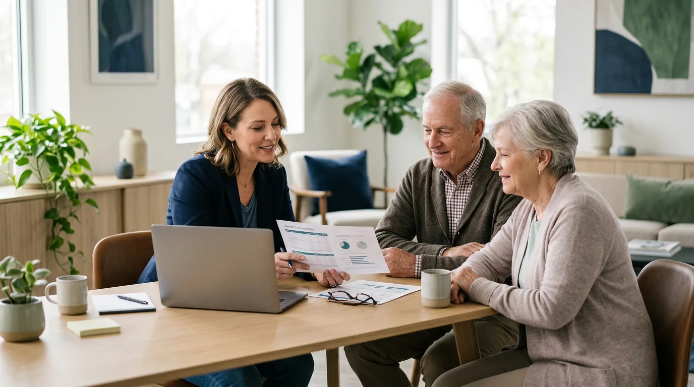 Insurance advisor reviewing a health plan summary with a senior couple at a desk in a bright Fort Myers, Florida office