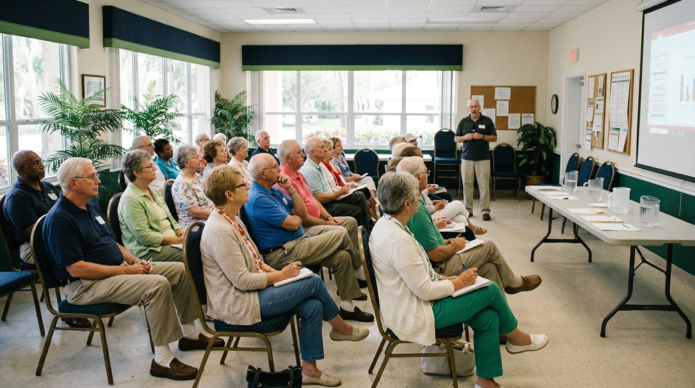 Medicare educational seminar with seniors seated in a community meeting room in Southwest Florida