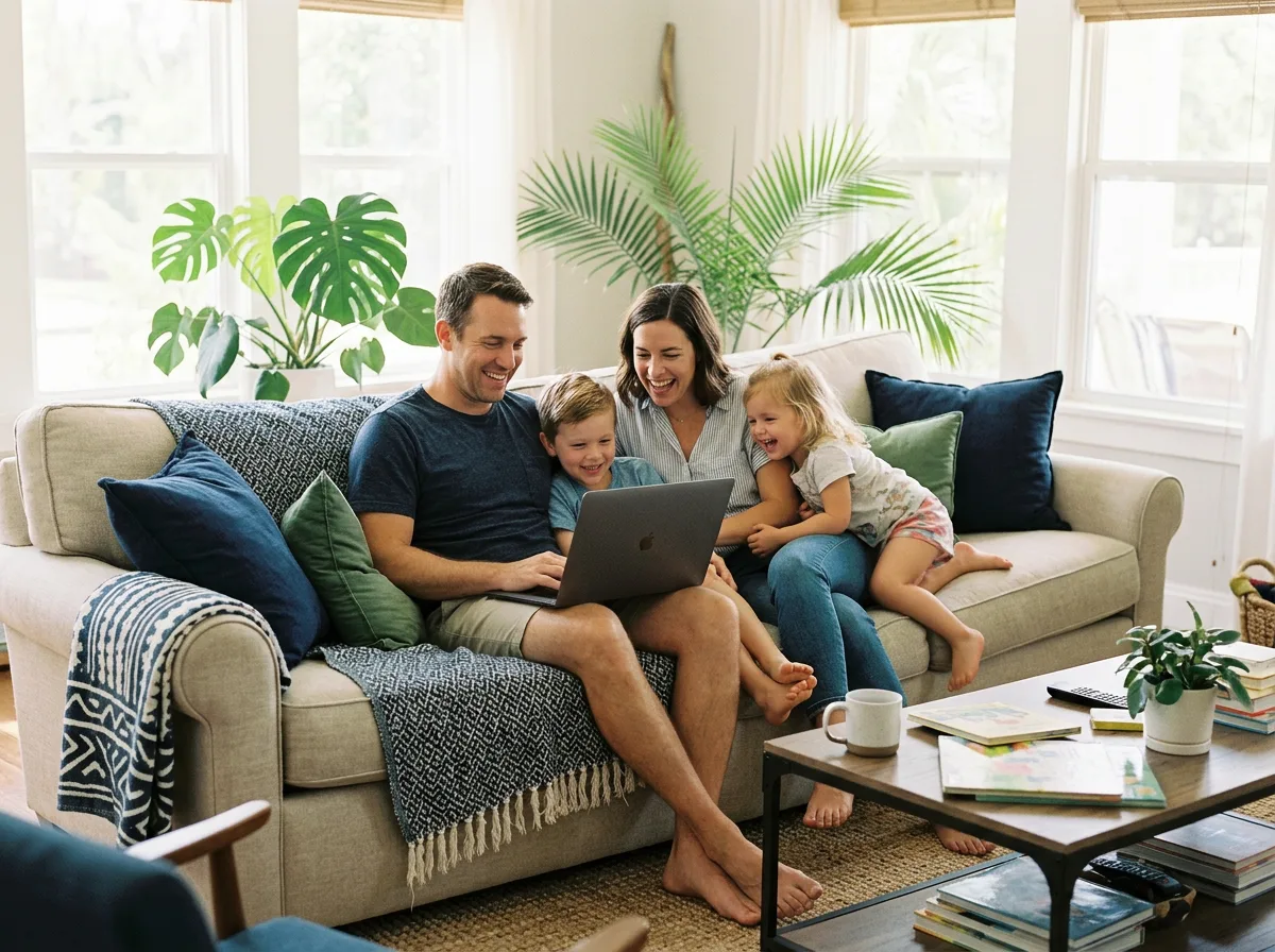 Florida family on a sofa reviewing ACA Marketplace health plan options on a laptop