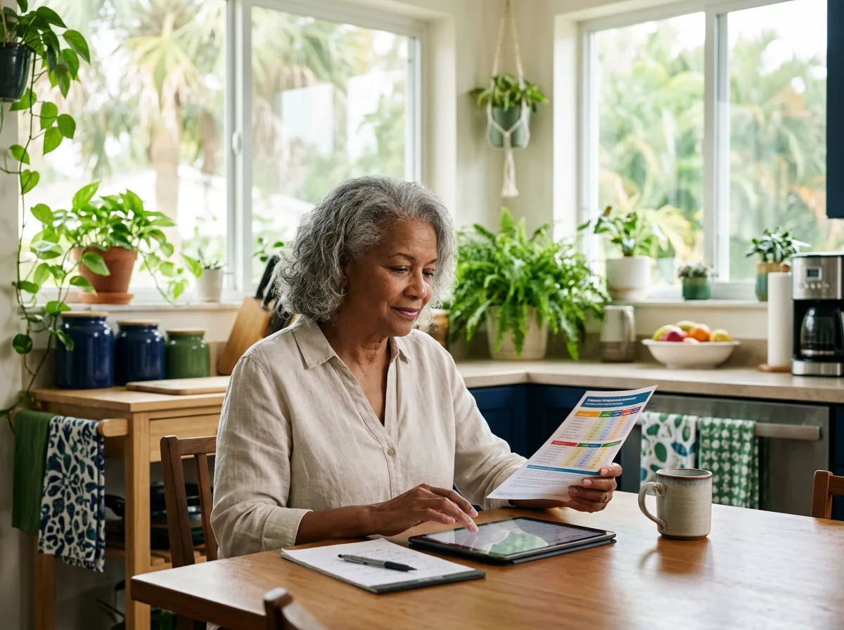 Senior woman comparing Medicare Advantage plan options on a tablet and printed brochure at home in Florida
