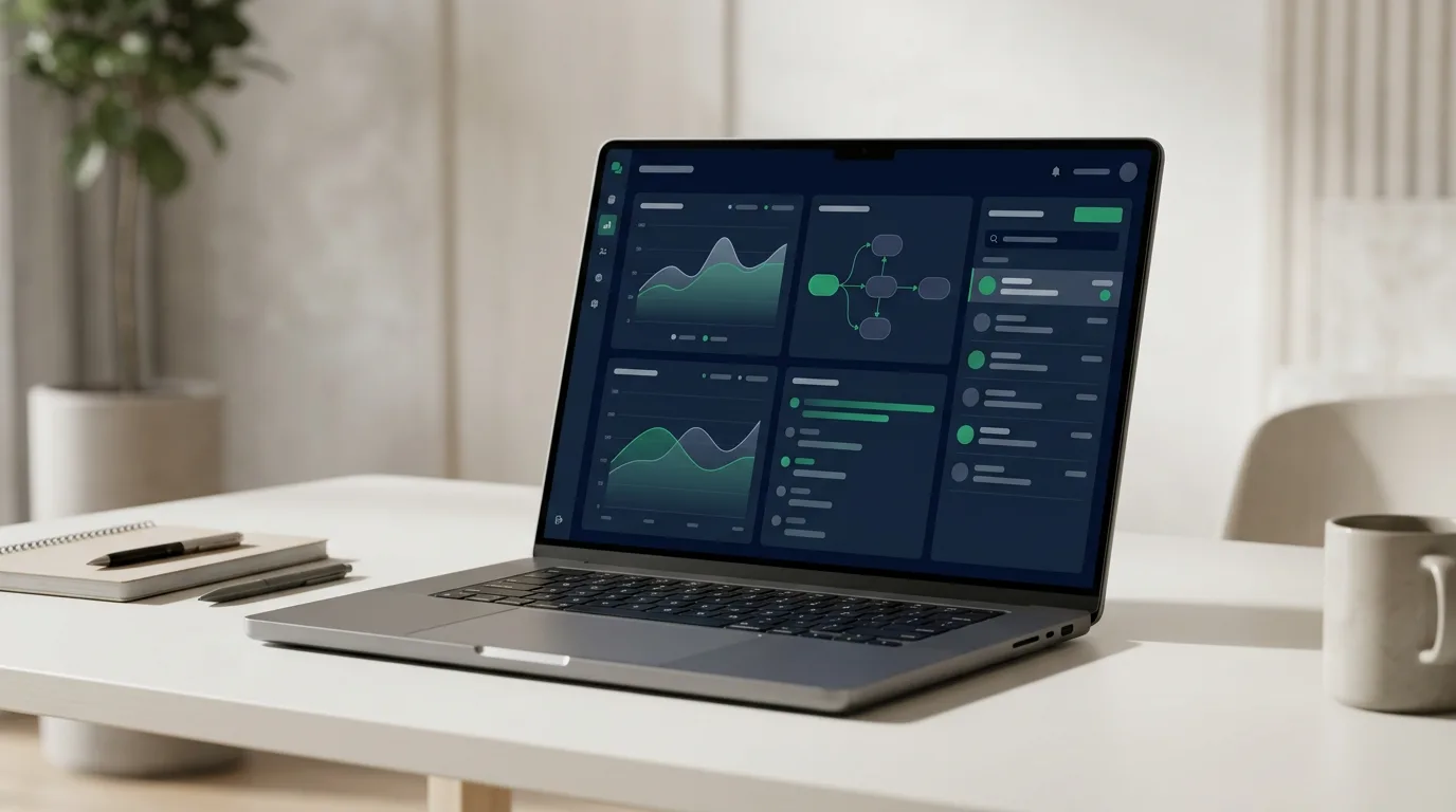 Laptop showing an AI lead-automation dashboard with call flow and analytics for insurance agencies